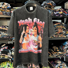 Vintage GloRilla Printed Short Sleeve T-Shirt Washed Heavy Cotton Small Neckline Tide T