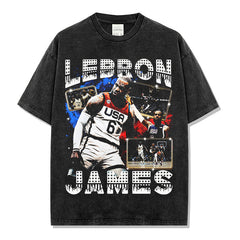 Vintage James James Printed Short Sleeve T-Shirt Washed Loose Casual Heavy Hooded Sweater Men