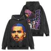 Hip Hop Brown Chris Brown Printed Washed Short Sleeve T-Shirt Crew Neck Heavy Loose Hooded Sweater Men