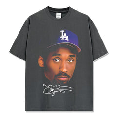 Vintage trend kobe print short-sleeved t-shirt washed long-sleeved heavy round neck hooded sweater men's trend