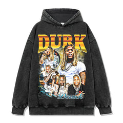 Lil Durk Print Washed Short Sleeve T-Shirt Crew Neck Long Sleeve Hooded Sweater Men