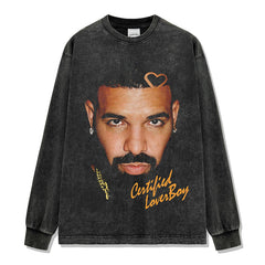 Vintage Drake Printed Short Sleeve T-Shirt Washed Old Long Sleeve Loose Hooded Sweater Men