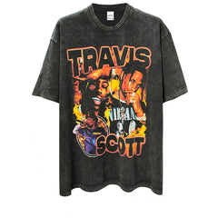 Vintage Travis Scott Travis Printed Short Sleeve T-Shirt Washed Heavy Small Neckline Tide T