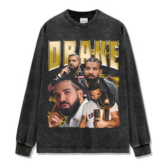 Hip Hop Drake Printed Short Sleeve T-Shirt Washed Long Sleeve Loose Heavy Hooded Sweater Men