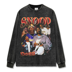 Snoop Dogg Printed Short Sleeve T-Shirt Washed Long Sleeve Loose Hooded Sweater