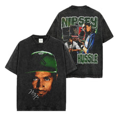 Nipsey Hussle Printed Washed Short Sleeve T-Shirt Crew Neck Loose Hooded Sweater Men