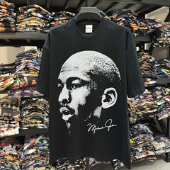 Simple MJ printed t-shirt retro Vintage washed old loose heavy casual short sleeves ins