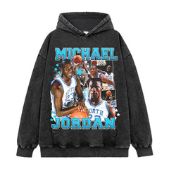 Vintage tide print short sleeve t-shirt washed distressed long sleeve round neck loose casual hooded sweatshirt men