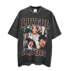 High Street vintage2 PAC TUPAC Hip Hop Character Short Sleeve T-Shirt Vintage Wash Tide