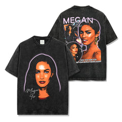 Vintage Megan MEGANFOX Printed Short Sleeve T-Shirt Loose Heavy Crew Neck Hooded Sweater Men's Trend