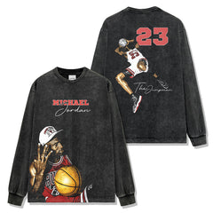 Vintage MJ Trapeze Double-Sided Printed Short Sleeve T-Shirt Heavy Long Sleeve Crew Neck Hooded Sweater Men
