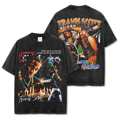 Vintage Travis Scott Printed Short Sleeve T-Shirt Vintage Washed Loose Heavy Small Neckline
