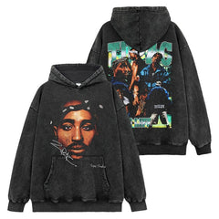 Hip Hop 2PAC TUPAC Printed Washed Short Sleeve T-Shirt Crew Neck Heavy Loose Hooded Sweater Men