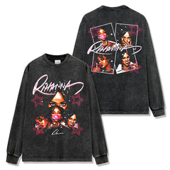 Rihanna print short-sleeved t-shirt washed long-sleeved loose hooded sweater men's casual