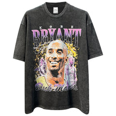 Crew neck Kobe printed short-sleeved T-shirt retro high street washed loose heavy cotton small neckline trendy t
