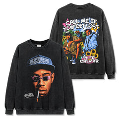 Vintage Tyler the Creator Printed Short Sleeve T-Shirt Washed Long Sleeve Crew Neck Casual Hooded Sweater