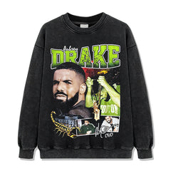 Vintage Drake Printed Short Sleeve T-Shirt Washed Old Long Sleeve Loose Hooded Sweater Men