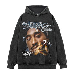 Hip hop tupac tupac printed short-sleeved t-shirt washed old long-sleeved loose hooded sweater men