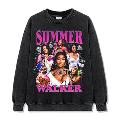 Summer Walker Printed Short Sleeve T-Shirt Washed Long Sleeve Loose Casual Hooded Sweater