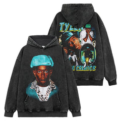 Hip Hop Tyler the Creator Printed Washed Short Sleeve T-Shirt Casual Crew Neck Loose Hooded Sweater
