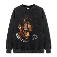 Hip hop travis scott print wash short sleeve t-shirt crew neck long sleeve loose hooded sweater