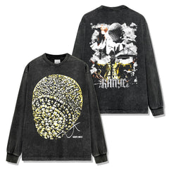 Vintage Hip Hop Kanye Kanye Printed Short Sleeve T-Shirt Washed Long Sleeve Loose Hooded Sweater