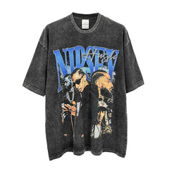 Vintage Nipsey Printed T-Shirt Vintage Washed Loose Heavy Crew Neck Short Sleeves