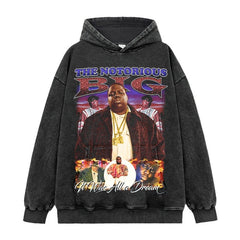 Hip hop biggie smalls printed short-sleeved t-shirt washed and done old long-sleeved loose hooded sweater