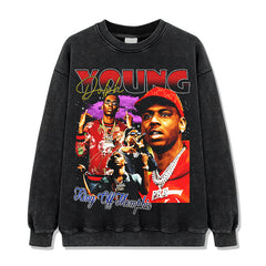 Hip Hop Young Thug Print Washed Crew Neck Long Sleeve Loose Hooded Sweater Men's Couple Shirt Tide