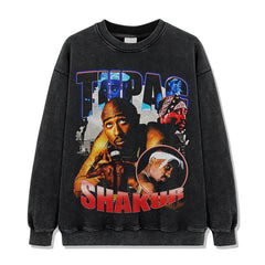 Vintage trendy TUPAC printed short-sleeved t-shirt washed and old long-sleeved loose hooded sweater men