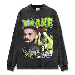 Vintage Drake Printed Short Sleeve T-Shirt Washed Old Long Sleeve Loose Hooded Sweater Men