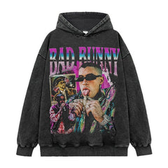 Bad Bunny Printed Short Sleeve T-Shirt Washed Long Sleeve Loose Casual Hooded Sweater Men