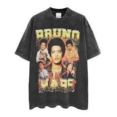 Bruno Mars floral print t-shirt Vintage wash loose casual short sleeves ins tide