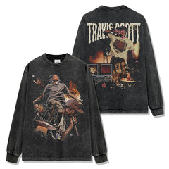 Vintage Hip Hop TRAVIS SCOTT Printed Short Sleeve T-Shirt Washed Long Sleeve Loose Hooded Sweater