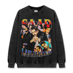 Saad Lamjarred Printed Short Sleeve T-Shirt Washed Old Long Sleeve Loose Hooded Sweater Men