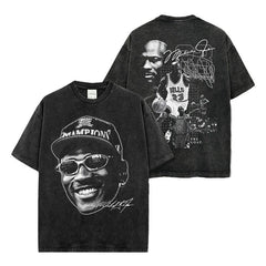 Vintage trapeze double-sided digital printing short-sleeved t-shirt loose heavy crew neck hooded sweater