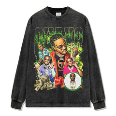 Vintage Hip Hop Quavo Printed Short Sleeve T-Shirt Washed Old Long Sleeve Loose Hooded Sweater