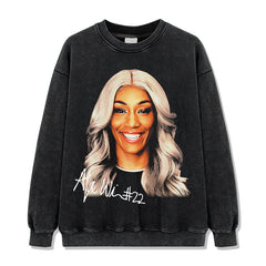 Vintage Wilson A'ja Printed Short Sleeve T-Shirt Washed Long Sleeve Crew Neck Loose Hooded Sweater Men