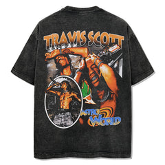 Vintage Travis Scott Printed Short Sleeve T-Shirt Vintage Washed Loose Heavy Small Neckline
