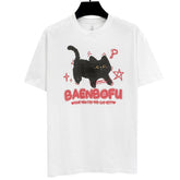 Creative Casual Cat Cat Printing Heavy 250g Loose Short Sleeve Washed Cotton Vintage Crew Neck Trend Brand ins