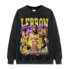 Vintage James James Printed Short Sleeve T-Shirt Washed Long Sleeve Crew Neck Loose Hooded Sweater Men