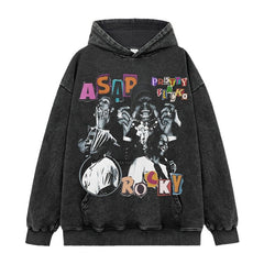 Hip Hop A $AP Rocky Printed Short Sleeve T-Shirt Washed Long Sleeve Loose Blockbuster Hooded Sweater Men