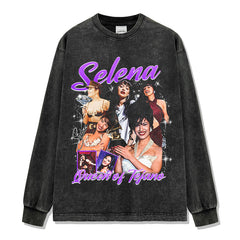 Selena Printed Short Sleeve T-Shirt Washed Old Long Sleeve Loose Casual Heavy Hooded Sweater Men