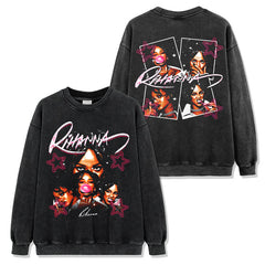 Rihanna print short-sleeved t-shirt washed long-sleeved loose hooded sweater men's casual