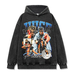 Hip Hop JUICE WRLD Printed Short Sleeve T-Shirt Washed Long Sleeve Loose Casual Hooded Sweater Men