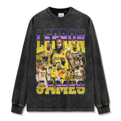 James James Printed Short Sleeve T-Shirt Washed Long Sleeve Crew Neck Loose Casual Hooded Sweater Men