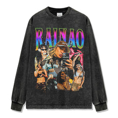 Vintage trendy RaiNao printed short-sleeved t-shirt washed and old long-sleeved loose hooded sweater