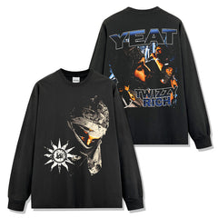 Vintage Yeat Double-Sided Printed Washed Short Sleeve T-Shirt Casual Crew Neck Loose Hooded Sweater