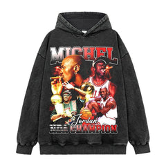 Retro trendy printed short-sleeved t-shirt old washed long-sleeved crew neck loose 420g hooded sweater men