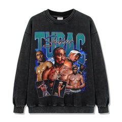 Vintage Hip Hop TUPAC Printed Short Sleeve T-Shirt Washed Old Long Sleeve Loose Hooded Sweater